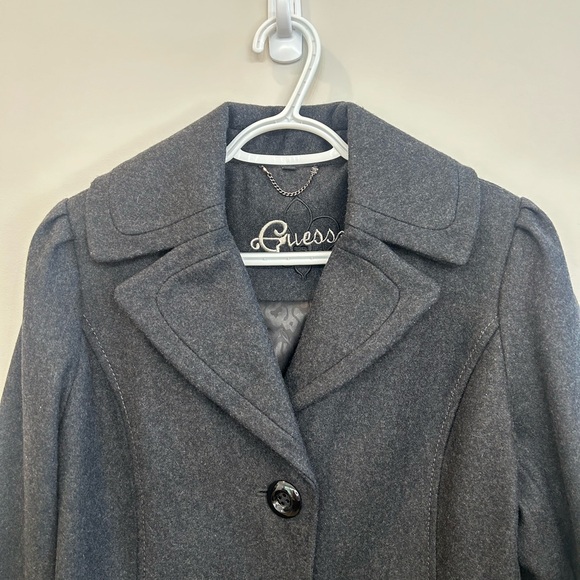Guess Woman’s Wool Blend Peacoat Charcoal Colored Lined Split Collar Coat Size L - Picture 4 of 14